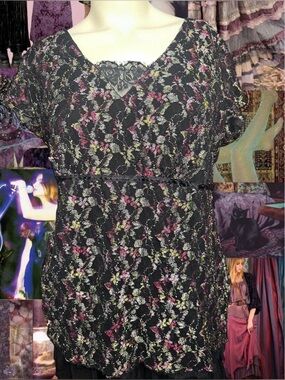 Black Lace Floral Blouse with Pink and Green Accents